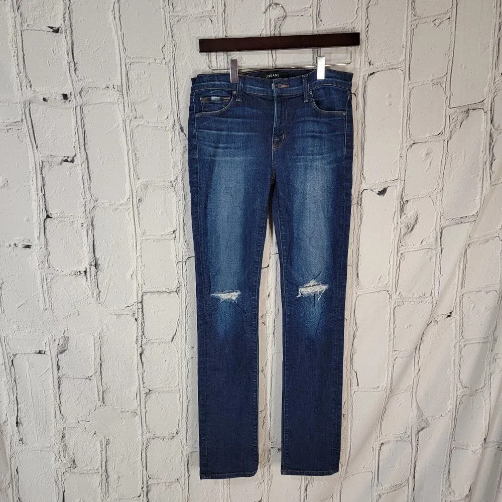 J Brand Dark Wash Distressed Alta Straight Leg Jeans Hi‎ Rise Dark Wash Denim 28